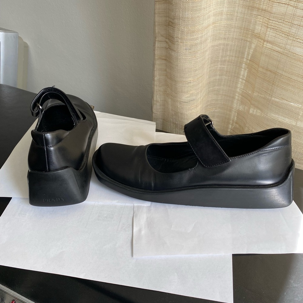 Prada Wedges Black Leather Loafers Mary Jane Velc platforms clogs pumps slides